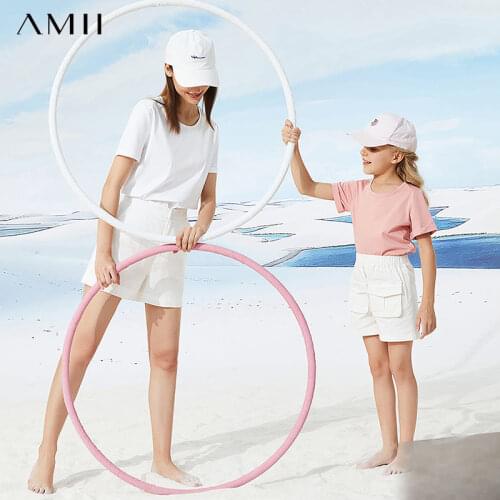 Amii Minimalism Mommy and Daughter Clothes Summer Fashion Family Matching Outfits 2021 New Womens Tshirt Girls Tops 22120049