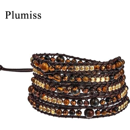 Plumiss Tiger Eye Wrap Bracelets for Women Lady Crystal Copper Beads Handmade Braided Boho Bracelet Natural Stone Femme Jewelry