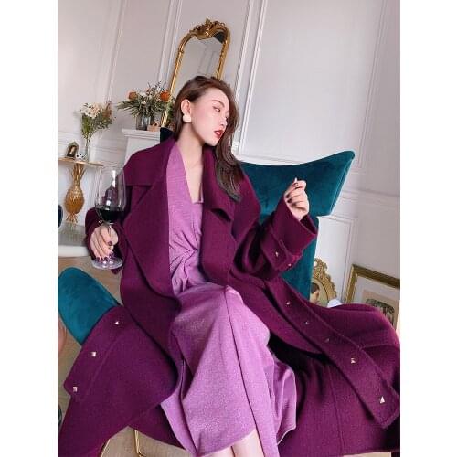 Black currant purple lace double-sided alpaca coat women mid-length winter woolen coat