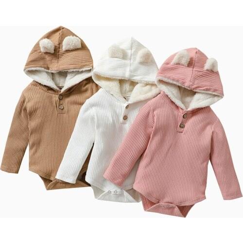 Baby Girls Boys Clothes Fleece-lined Romper Autumn Winter Toddlers Solid Color Cartoon Decoration Long Sleeve Hooded Jumpsuit