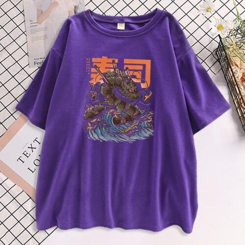 Japan Ukiyo E Style Sushi Dragon T Shirt Women Harajuku Casual T-Shirt Summer Kawaii Pink Tee Shirts 2021 Street Womens T Shirt