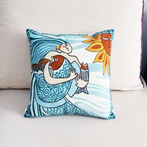 Cotton Nordic Mermaid Princess Embroidered Square Pillow Cover Cushion Case Sofa Chair Cushion Cover 45x45cm Without Stuffing