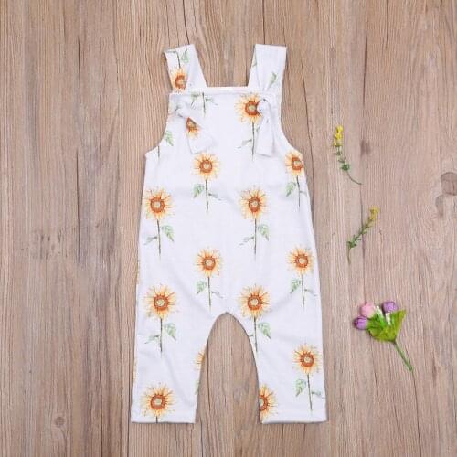 Toddler Baby Cotton Sunflower Print Romper Boy Girl Spaghetti Strap Square Neck Long Pants Jumpsuit
