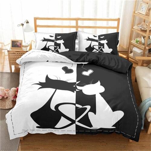 3D Cartoon Cat Printing Bedding Set Home Textiles Black White Duvet Cover Set Queen King Size Kids Adult Kawaii Luxury Comfoter
