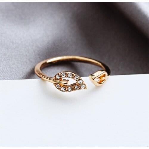 Korean Fashion Ring Leaf Rhinestone Peach Heart Adjustable Joint Ring Simple Romantic Jewelry for Women Girlfriend Gift 2020