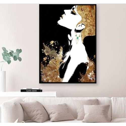Beauty Gold Modern Flower Perfume Abstract Metallic Godess Art Poster Fashion Woman Canvas Painting Nordic Wall Pictures Decor
