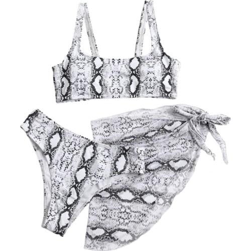Sexy 3 Pieces Swimsuit Set Women Snakeskin Print Brazilian Bikini Padded Bra and High Waist Thong Bathing Suit with Mesh Sarong
