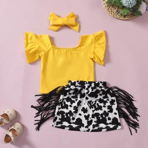 Summer Children Casual Sets 2-6Years Girls Fashion Beachwear Butterfly Sleeve Tops + Leopard Print Skirts With Tassel Decoration