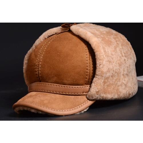 Mens Real Leather Sheepskin Sheep shearing Fur Winter Warm Earmuff Bomber Trapper Russia Ushanka Hunting Hats/Caps