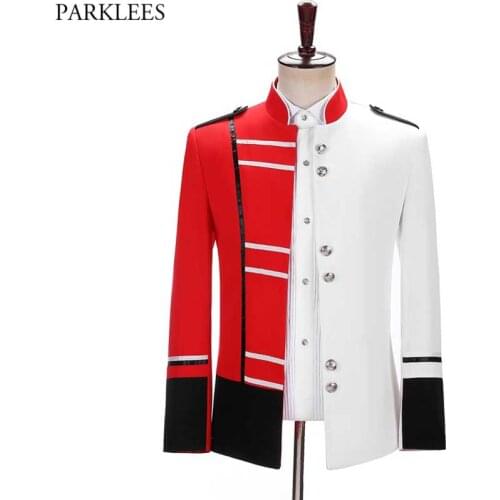 Patchwork Steampunk Drummer Blazer Jacket Men Stand Collar Punk Gothic Parade Jacket Male Party Singer Show Prom Costume Homme