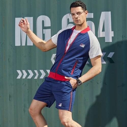 Mens Sportswear Suit Short Sleeved Stand Collar Cardigan Zipper T-Shirt with Short Pants Casual Outdoor Sports Suit