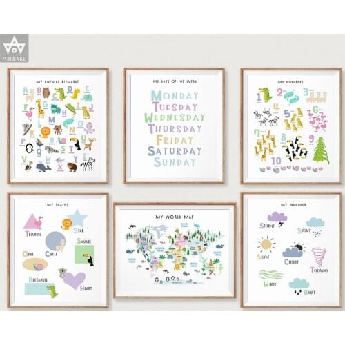 Educational Animal World Map Picture Alphabet Children Poster Nursery Wall Art Canvas Print Painting Kid Bedroom Playroom Decor