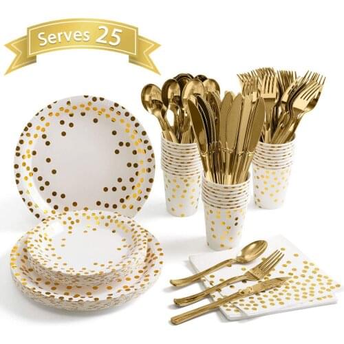 Disposable Paper Party Tableware Supplies-Party Tableware Knife Fork Spoon Paper Cup Paper Plate Towel Birthday Party- Serves 25