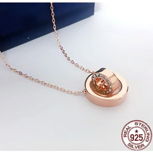 925 Sterling Silver Necklace Personality Fashion Ring Shape New Style Comes Running Double Ring Transfer Bead Girlfriend Gift