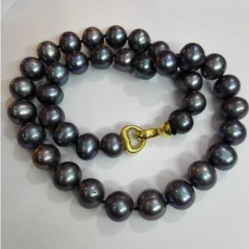 Wedding Women Jewelry Necklace 12-13mm Black Gray Natural Freshwater pearl Choker Necklace Gold Color Heart Clasp