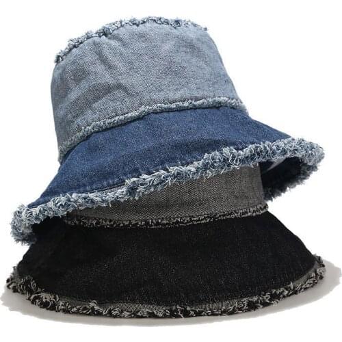 Two Colors Bucket Hat Women Summer Hats and Caps Patchwork Washed Denim Bucket Hat Hip Hop Wide Brim Beach Fishing Cap Panama