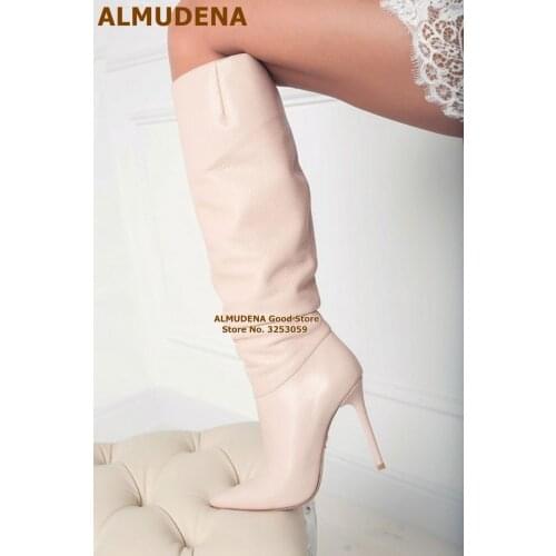 ALMUDENA Beige Black Matte Leather Knee High Boots Thin High Heel Pointed Toe Tall Boots Zipped Loose Pleated High Boots Size47