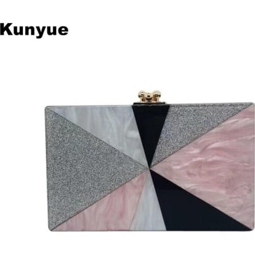 Chic New Messenger Bag Trendy Geometric Acrylic Evening Bag Elegant Lady Patchwork Clutch Purse Wedding Party Prom Dress Handbag