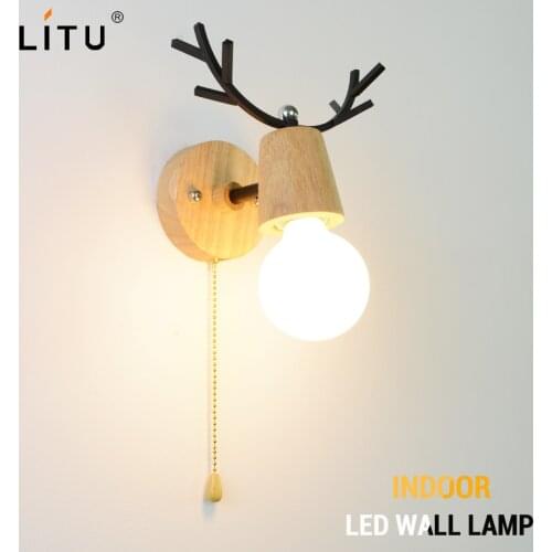 Led indoor wall lamps stair wall lamp fixture nordic macaron antler modern wall light wooden base bedroom E27 bulb wall sconces