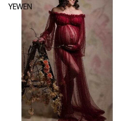 Off Shoulder Pearls High Quality Burgundy Evening Dress Long Sleeves Maternity Gown for photoshoot Prom Dresses Yewen