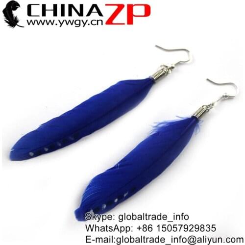 Yiwu ZP Crafts Co., Ltd Good Quality Women Ethnic Dyed Royal Blue Duck Feathers Handmade LONG Earrings