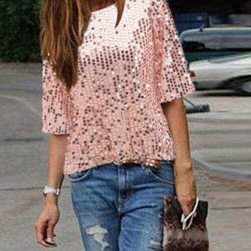 2020 Spring summer Fashion Women Solid Color O Neck Half Sleeve Sequined Blouse Plus Size Cocktail T-shirt for party