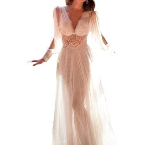 Plus Size Elegant A-Line Vestidos White Backless Dress Women Spring Summer Puff Sleeve V-Neck Lace Voile Mesh Dresses