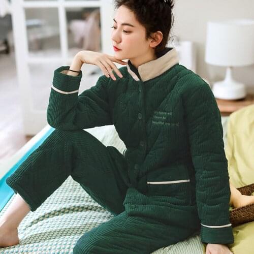 Winter Three-layer Cotton Mink Ladies Pajamas Can Be Worn Outside Flannel Collar Home Clothing Padded Warm Suit Pajama Set