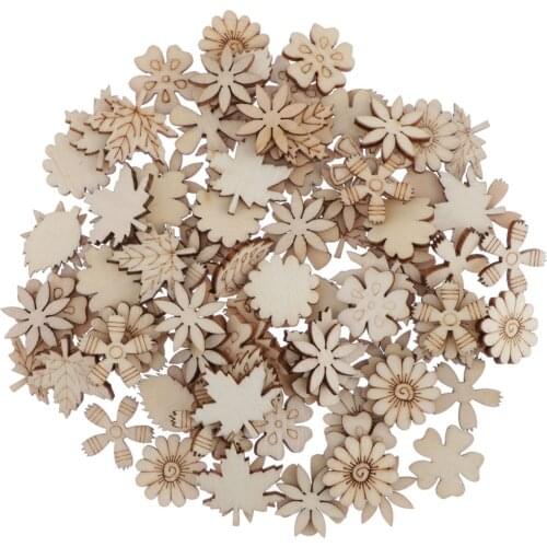 100pcs Wooden Flowers and Leaves Embellishment Wooden Shape Wood Slices Craft for DIY Wedding Christmas Decoration