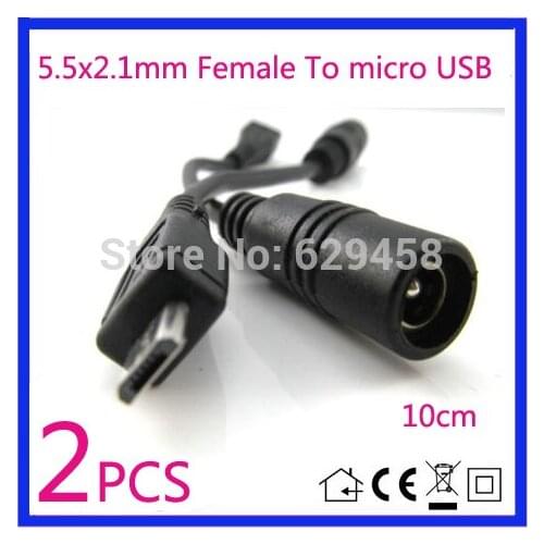 2PCS 5.5x2.1mm Female To micro USB DC Power Supply Adapter charging Cable Free shipping