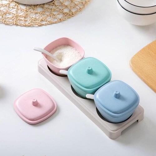 3pcs Spice Jar Set With Base Seasoning Box Herb Spices Storage Condiment Jar Cruet With Cover And Spoon Kitchen Utensils Tools