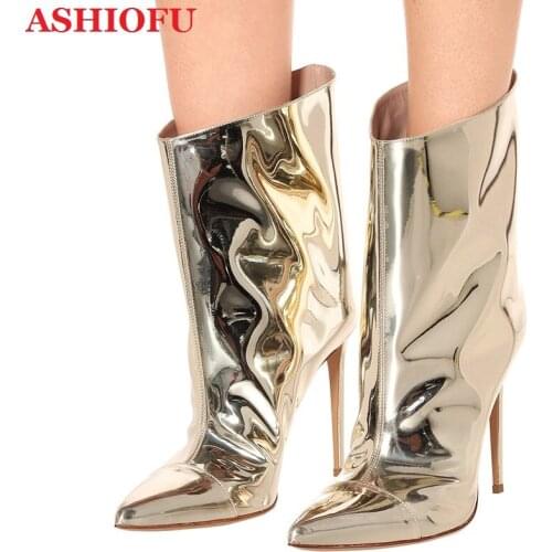 ASHIOFU Handmade Newest Womens High Heel Boots Shinny Bright Faux-leather Mid-calf Boots Evening Club Fashion Short Boots Shoes