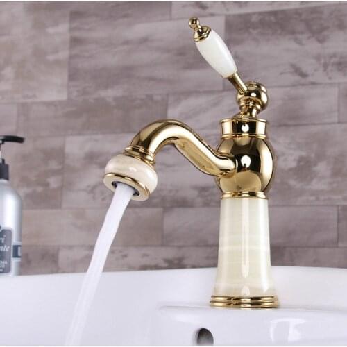 Free Shipping Promotion jade stone gold basin sink faucet with hot cold brass bathroom tap and newly golden kitchen sink faucet