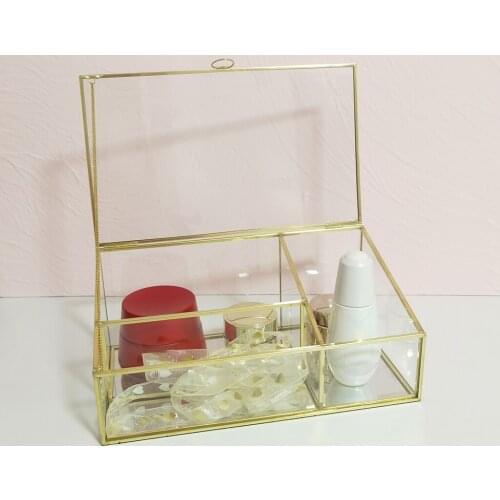 25x14.6cm Noble Storage Box Desktop Trinkets Organizer Brass Frame Glass Jewellery Necklace Display Case 3-Grid Tidy Boxes