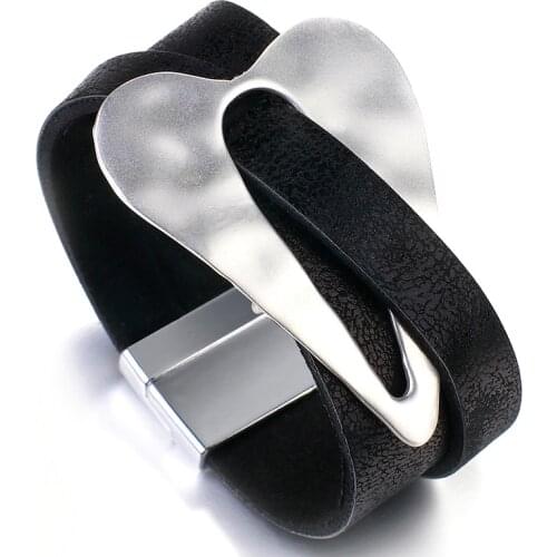 ALLYES Black Leather Bracelet for Women Fashion 2020 Magnetic Buckle Heart Charm Wide Wrap Bracelets Female Jewelry