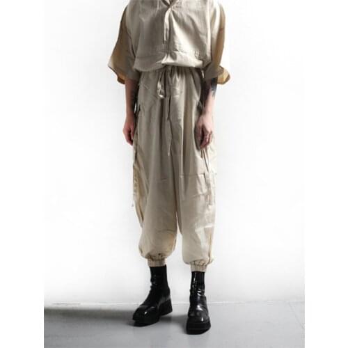 Mens belted pants Hip hop street casual pants with large pockets biker style oversized cargo pants