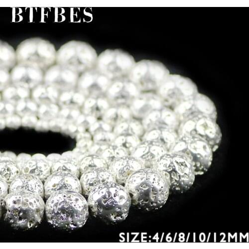 BTFBES Natural Stone Silver Lava Hematite Beads 4 6 8 10 12 mm Round Loose Spacer Beads Jewelry Bracelets Making Accessories DIY