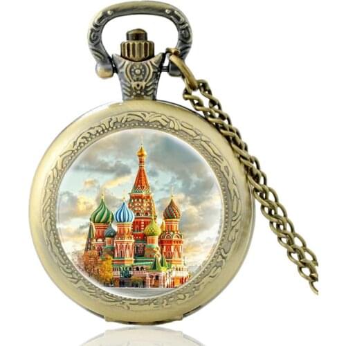 Vintage Russia Saint Basils Cathedral Design Bronze Quartz Pocket Watch Men Women Charm Pendant Necklace Hours Clock