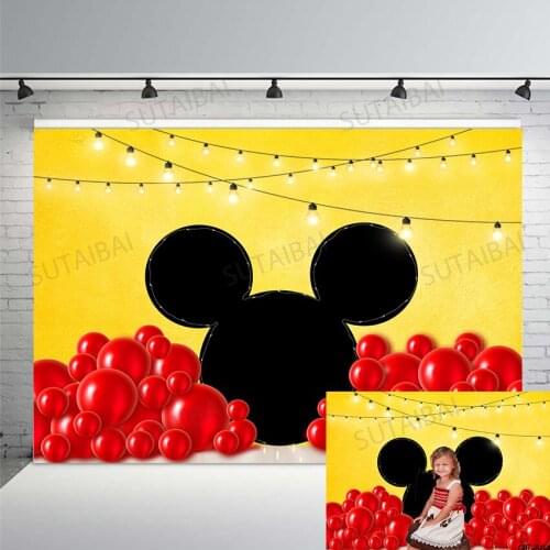 Mouse Photography Backdrops Child Happy Birthday Smash Cake Photographic Background Red Balloons Bulb Photophone Photo Studio