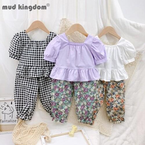 Mudkingdom T-shirts Pants Girls Set Solid Floral Plaid Tops Bloomers 2pcs Casual Sets for Kids Summer Fashion Clothes Outfits