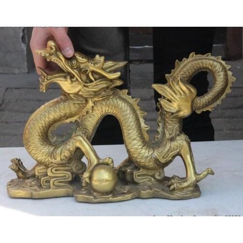 Chinese Royal Palace Brass Copper Fengshui Lucky Dragon Dragons Play Bead Statue