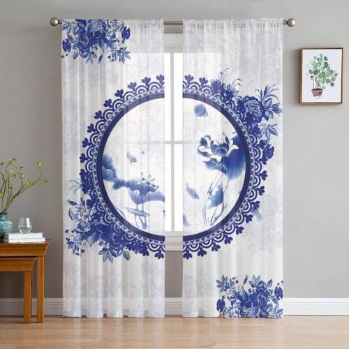 Blue Color Classical Lotus Leaf Sheer Curtains for Living Room Modern Voile Curtain Bedroom Tulle Curtains Window Drapes Decor