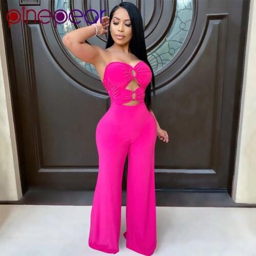 PinePear Strapless Metal Ring Hollow Out Wide Leg Pants Rompers Womens Jumpsuit Elegant Fashion Party Club Overalls Wholesale