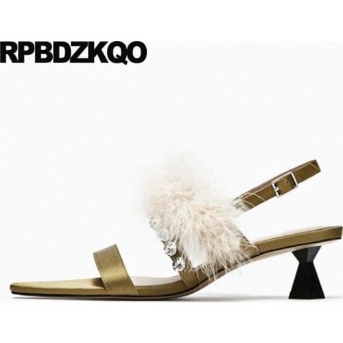 Crystal Wedding Diamond Green Fluffy Sandals With Fur Thick Designer Shoes Women Luxury 2018 Low Heel Satin Rhinestone Jewel