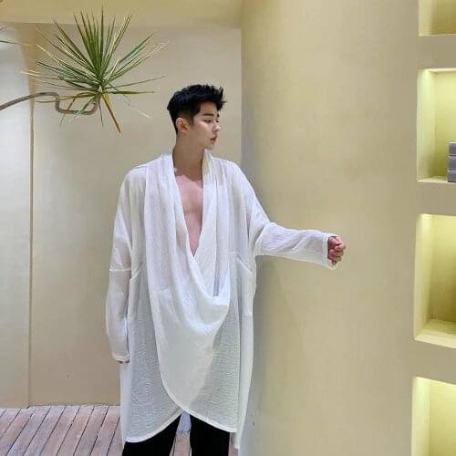 Mens Fashion Design V Neck Long Sleeve Thin Shirt Loose Oversize Cropped Tee F43