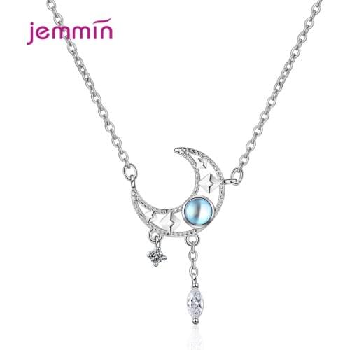 Genuine 925 Sterling Silver Necklace With Moon Shape Pendant Sparkling Crystal Women Pedant Necklace Jewelry Accessory For Party