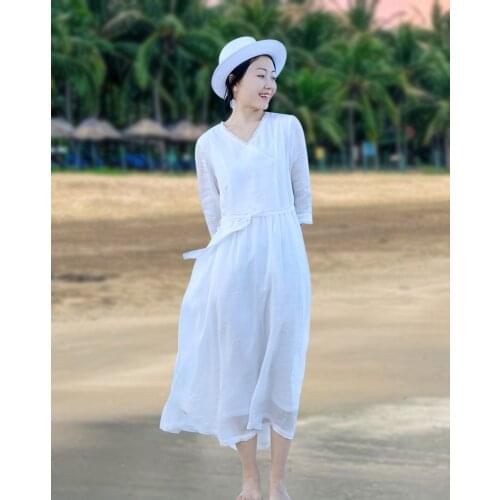 CHKE2020 White ramio V-neck double layer waterproof dress 20311A