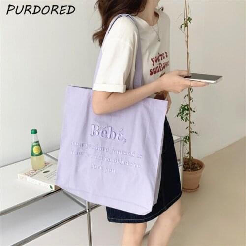 PURDORED 1 Pc Korean Style Women Embroidery Shoulder Bag Ins Canvas Shopping Bag Casual Female Reuseable Shoulder Bag Handbag