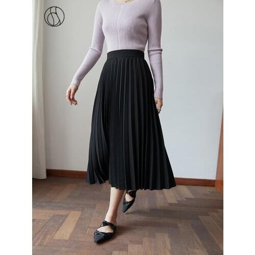 DUSHU Woman Skirts Drape All-match Mid-length Skirt Womens Slim Black Pleated Skirt Floral Long Pleated Skirt High Waist Skirts