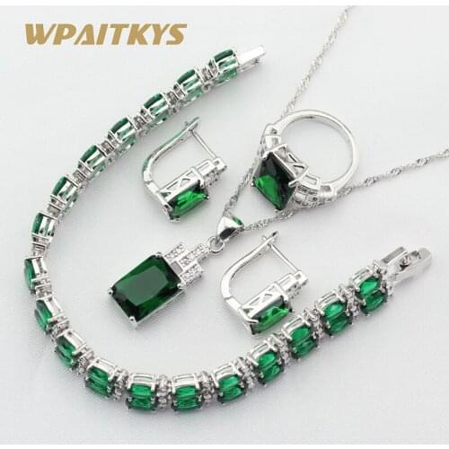 Silver Color Jewelry Sets For Women Green Crystal 4PCS Bracelets Necklace Pendant Hoop Earrings Rings Free Gift Box